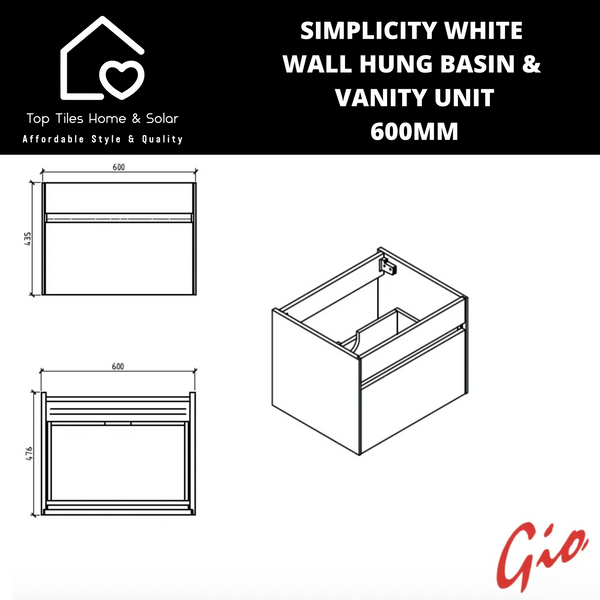 Simplicity White Wall Hung Basin & Vanity Unit - 600mm