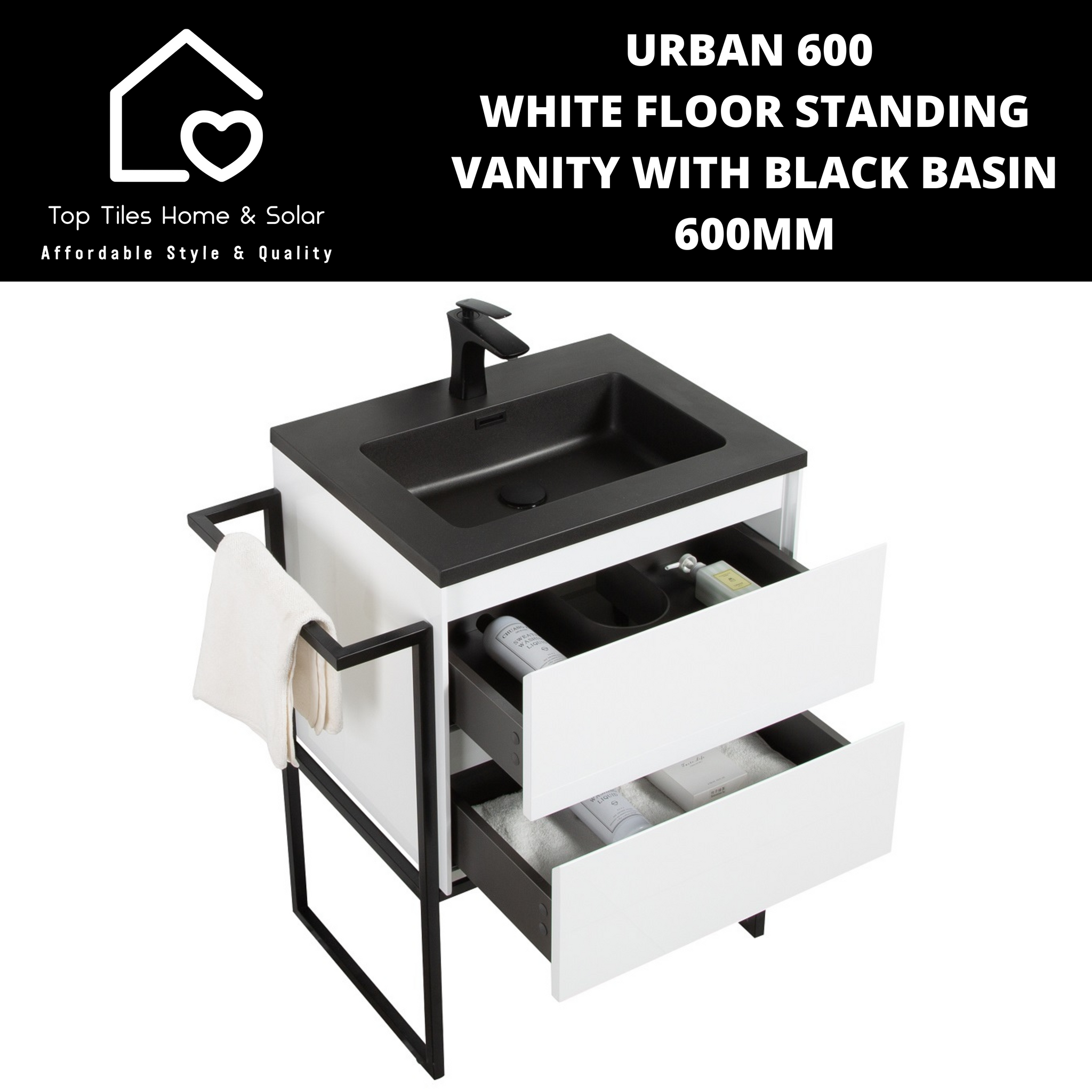 Urban 600 White Floor Standing Vanity With Black Basin -  600mm