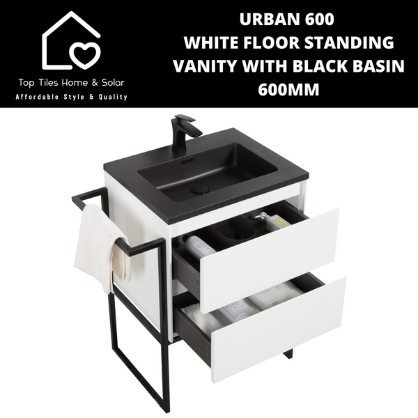 Urban 600 White Floor Standing Vanity With Black Basin -  600mm