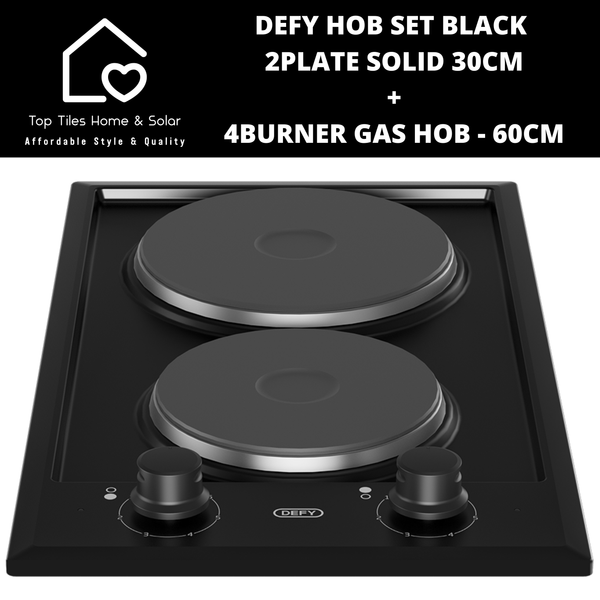 Defy Hob Set - Black 2Plate Solid 30cm + 4Burner Gas Hob - 60cm