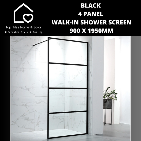 Black 4 Panel Walk-In Shower Screen - 900 x 1950mm