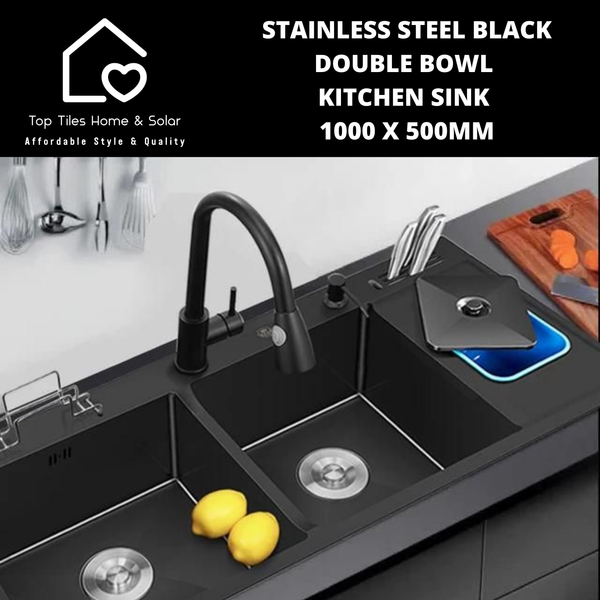 Stainless Steel Black Double Bowl Kitchen Sink - 1000 x 500mm