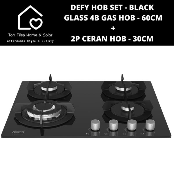 Defy Hob Set - Black Glass 4B Gas Hob - 60cm + 2P Ceran - 30cm