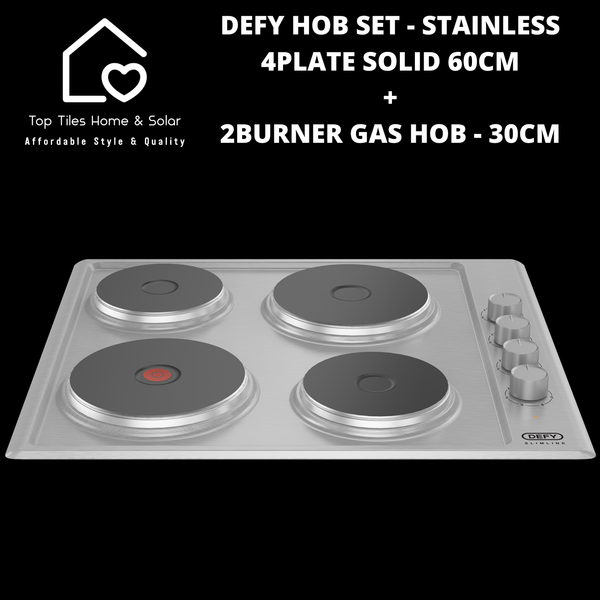 Defy Hob Set - Stainless Steel 4Plate Solid 60cm + 2Burner Gas Hob - 30cm