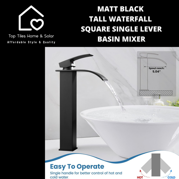 Matt Black Tall Waterfall Square Single Lever Basin Mixer