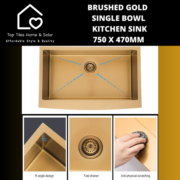 Brushed Gold Single Bowl Kitchen Sink - 750 x 470mm