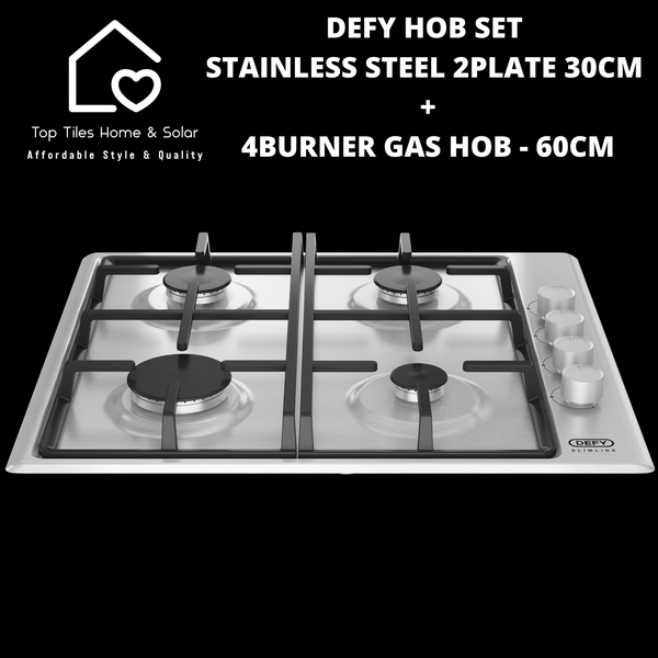 Defy Hob Set - Stainless Steel 2Plate Solid 30cm + 4Burner Gas Hob - 60cm