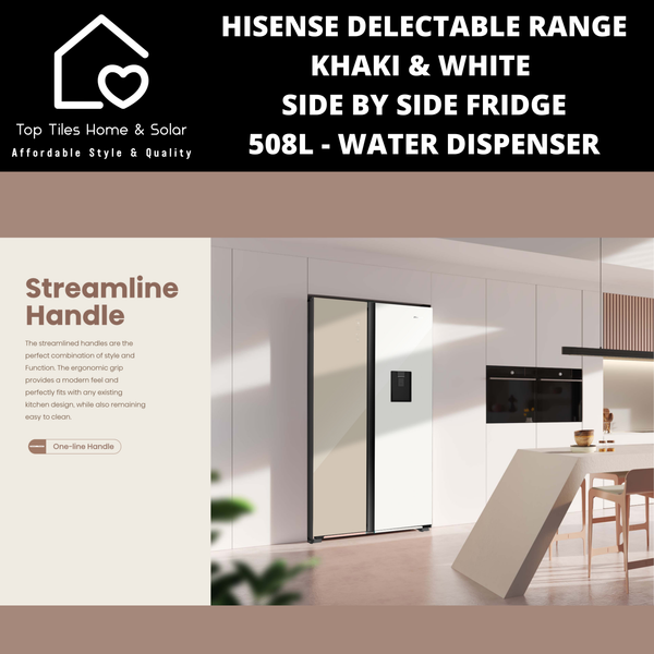 Hisense Delectable Range Khaki & White Side by Side Fridge - 508L Water Dispenser