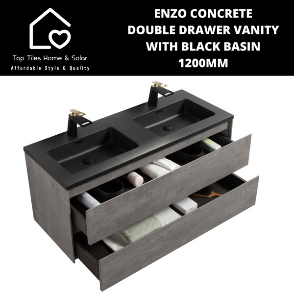 Enzo Concrete Double Drawer Vanity With Black Basin - 1200mm