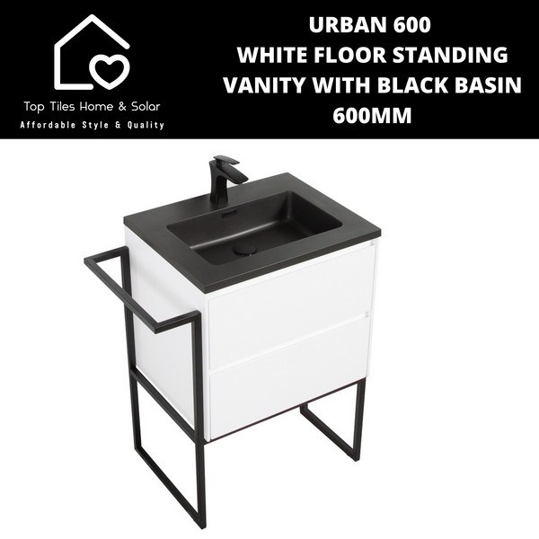 Urban 600 White Floor Standing Vanity With Black Basin -  600mm