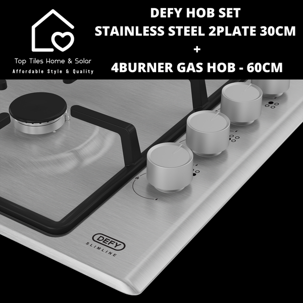 Defy Hob Set - Stainless Steel 2Plate Solid 30cm + 4Burner Gas Hob - 60cm