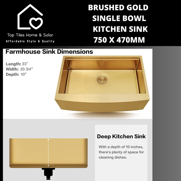 Brushed Gold Single Bowl Kitchen Sink - 750 x 470mm