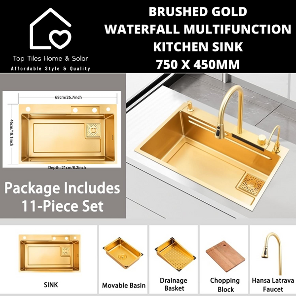 Brushed Gold Waterfall Multifunction Kitchen Sink - 750 x 450mm