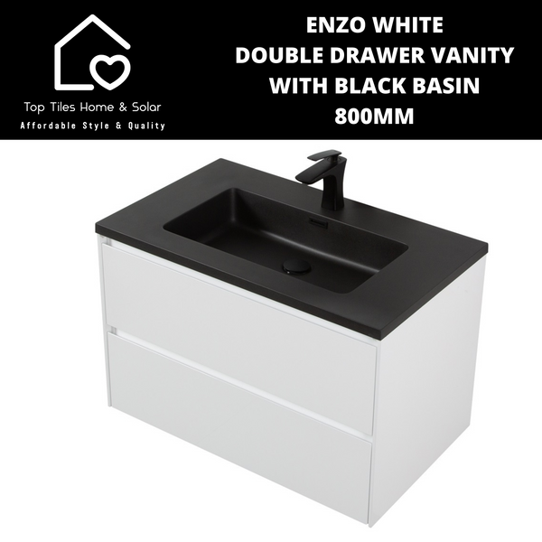 Enzo White Double Drawer Vanity With Black Basin - 800mm