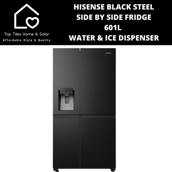 Hisense Black Steel Smart Side By Side Fridge  - 601L Water & Ice Dispenser