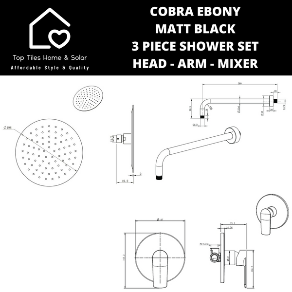 Cobra Ebony Matt Black 3 Piece Shower Set - Head - Arm - Mixer