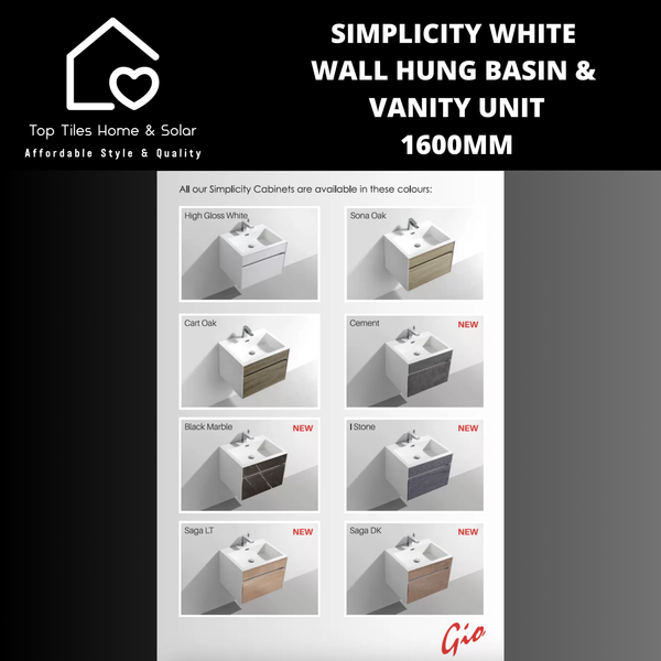 Simplicity White Wall Hung Basin & Vanity Unit - 1600 mm