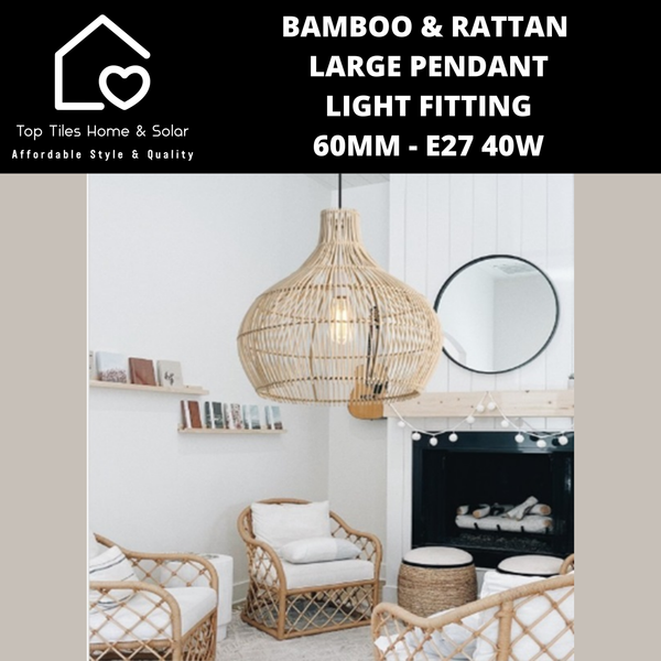 Bamboo & Rattan Large Pendant Light Fitting 60mm - E27 40W