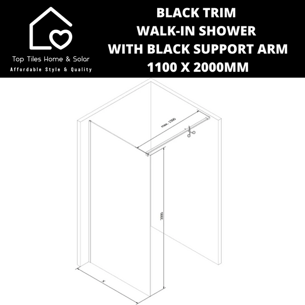 Black Trim Walk-in Shower with Black Support Arm - 1100 x 2000mm