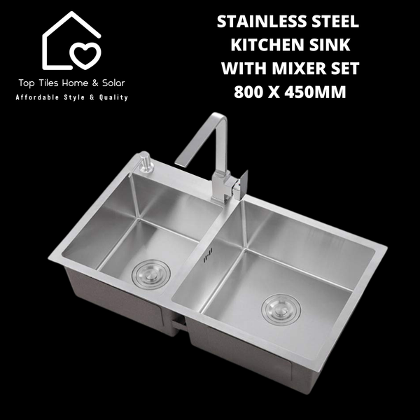 Stainless Steel Double Bowl Kitchen Sink with Mixer Set - 800 x 450mm