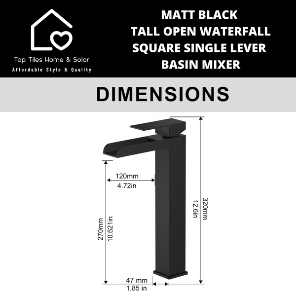 Matt Black Tall Open Waterfall Square Single Lever Basin Mixer