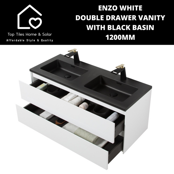 Enzo White Double Drawer Vanity With Black Basin - 1200mm