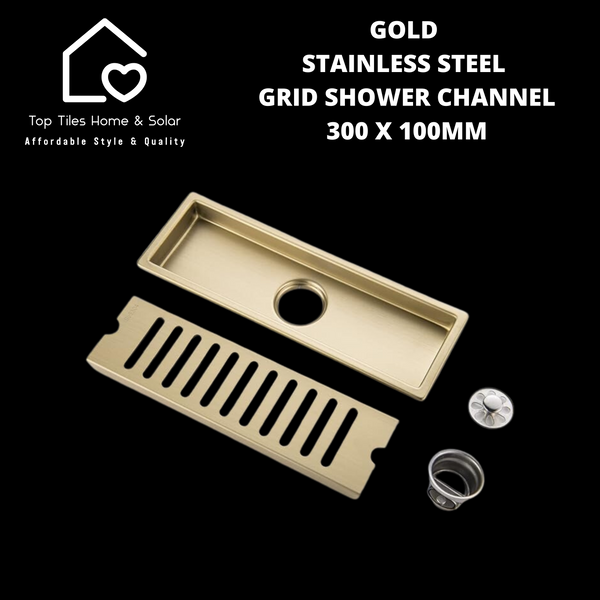 Gold Stainless Steel Grid Shower Channel - 300 x 100mm