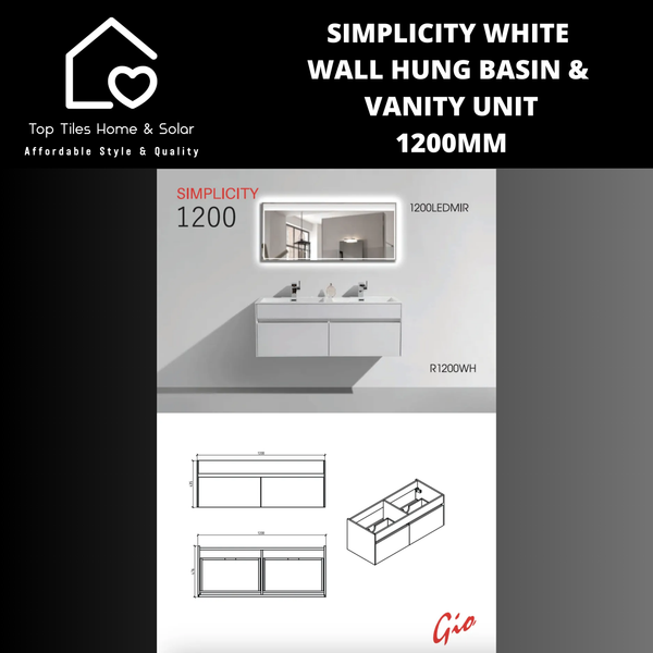 Simplicity White Wall Hung Basin & Vanity Unit - 1200mm