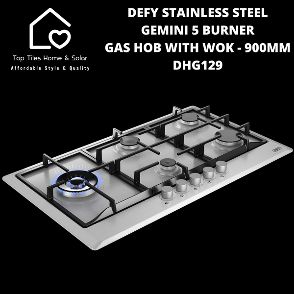 Defy Stainless Steel Gemini 5 Burner Gas Hob With Wok - 900mm DHG129