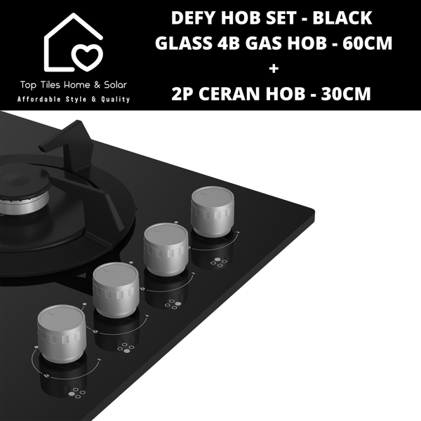 Defy Hob Set - Black Glass 4B Gas Hob - 60cm + 2P Ceran - 30cm