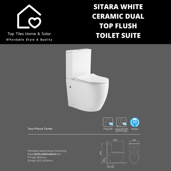 Sitara White Ceramic Dual Top Flush Rimless Toilet Suite