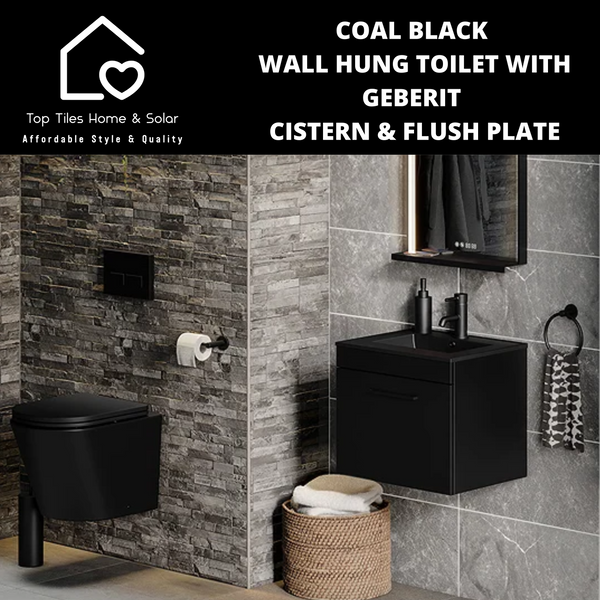 Coal Black Wall Hung Toilet with Geberit Cistern & Black Flush Plate