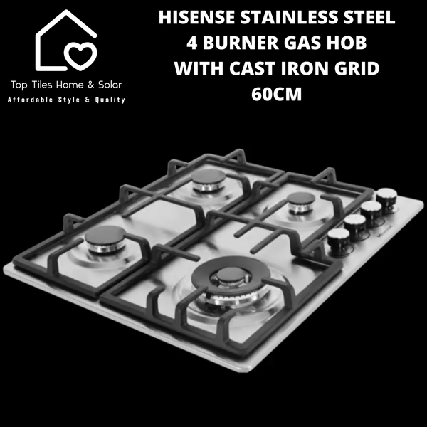 Hisense Stainless Steel 4 Burner Gas Hob with Cast Iron Grid - 60cm