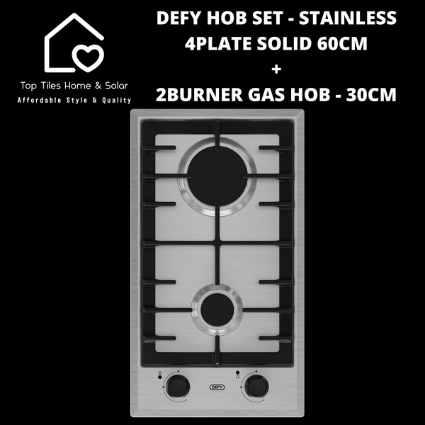 Defy Hob Set - Stainless Steel 4Plate Solid 60cm + 2Burner Gas Hob - 30cm