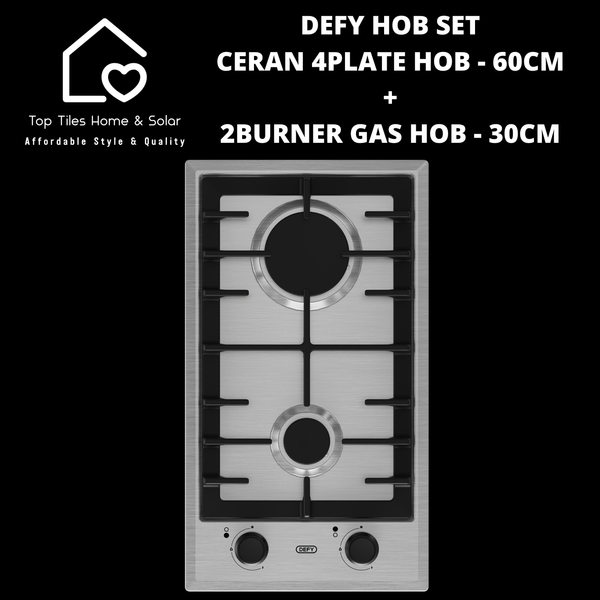 Defy Hob Set - Ceran 4Plate Hob - 60cm + 2Burner Gas Hob - 30cm