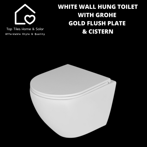 White Wall Hung Toilet With Grohe Gold Flush Plate & Cistern