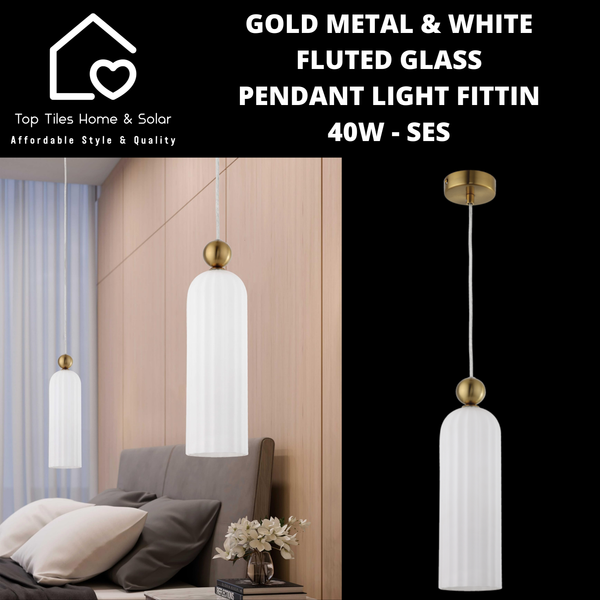 Gold Metal & White Fluted Glass Pendant Light Fitting - 40 SES