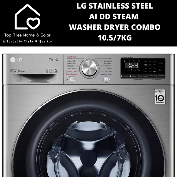 LG Stainless Steel AI DD Steam Washer Dryer Combo - 10.5/7kg