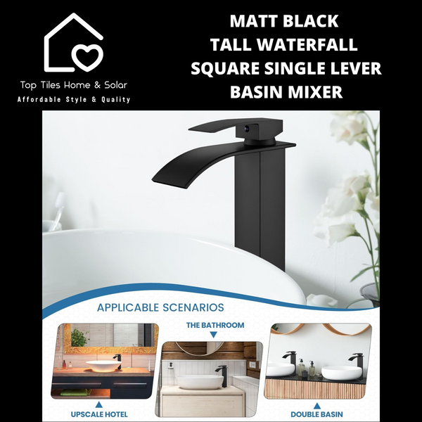 Matt Black Tall Waterfall Square Single Lever Basin Mixer