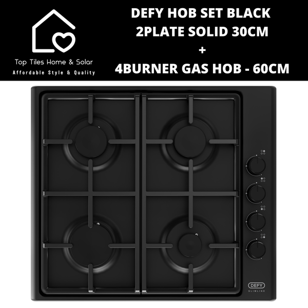 Defy Hob Set - Black 2Plate Solid 30cm + 4Burner Gas Hob - 60cm