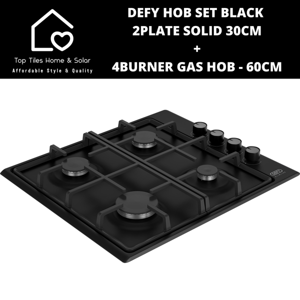 Defy Hob Set - Black 2Plate Solid 30cm + 4Burner Gas Hob - 60cm