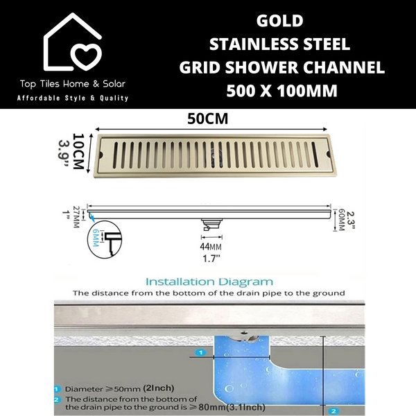 Gold Stainless Steel Grid Shower Channel - 500 x 100mm