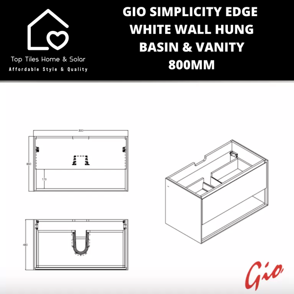 Gio Simplicity Edge White Wall Hung Basin & Vanity - 800mm