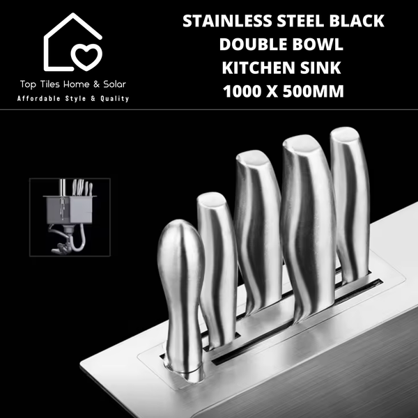 Stainless Steel Black Double Bowl Kitchen Sink - 1000 x 500mm