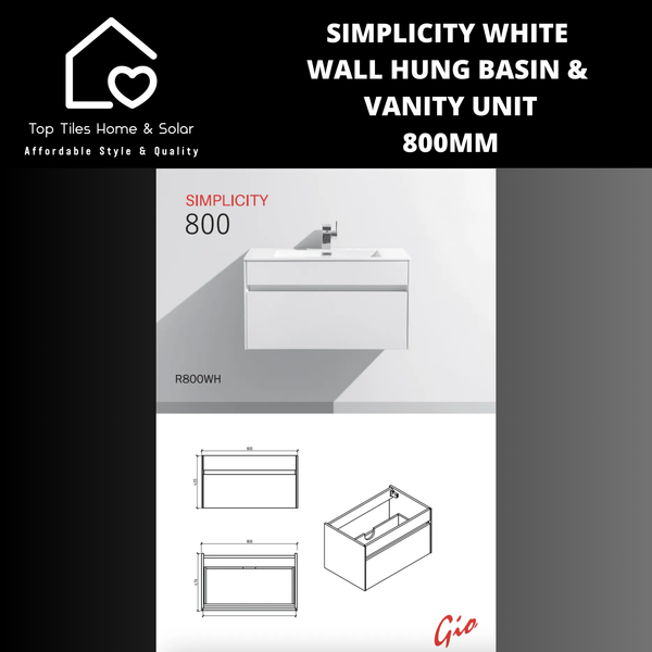 Simplicity White Wall Hung Basin & Vanity Unit - 800mm