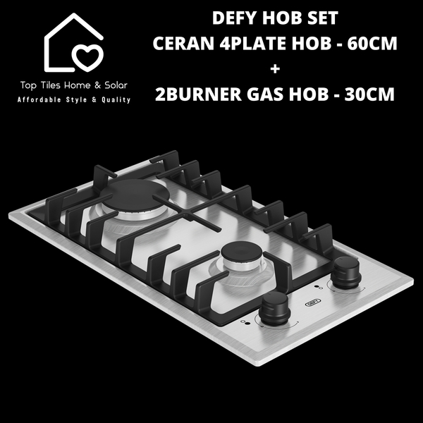 Defy Hob Set - Ceran 4Plate Hob - 60cm + 2Burner Gas Hob - 30cm