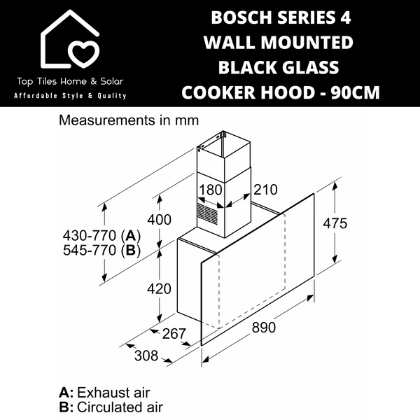 Bosch Series 4 - Wall Mounted Black Glass Cooker Hood - 90cm