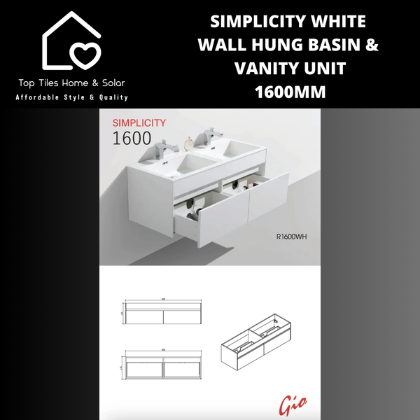 Simplicity White Wall Hung Basin & Vanity Unit - 1600 mm