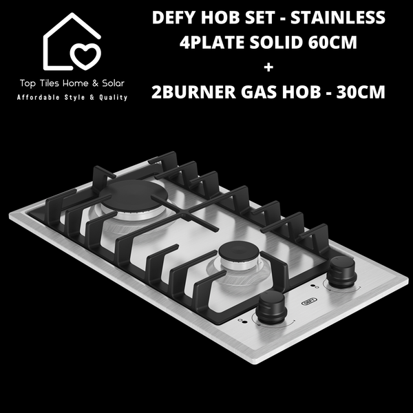 Defy Hob Set - Stainless Steel 4Plate Solid 60cm + 2Burner Gas Hob - 30cm