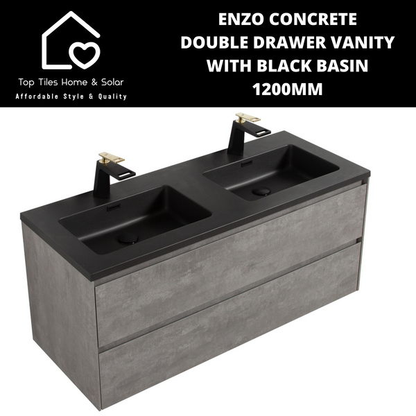 Enzo Concrete Double Drawer Vanity With Black Basin - 1200mm